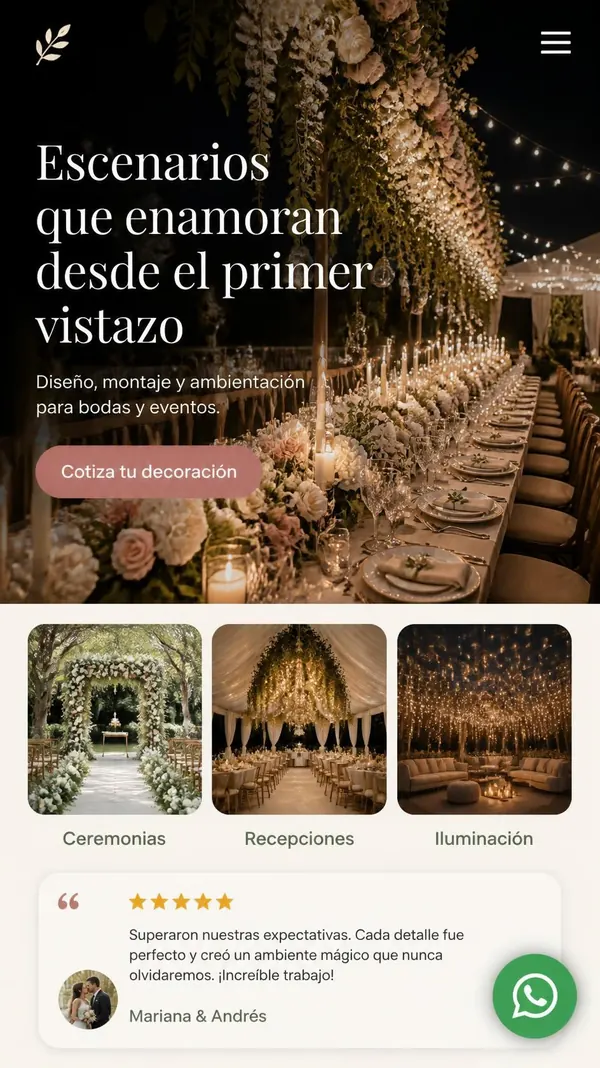 Ejemplo de landing para decoración de eventos